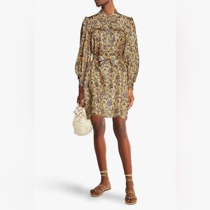 100% Silk Sandro Yellow Floral Paisley Tie-Waist Mini Dress